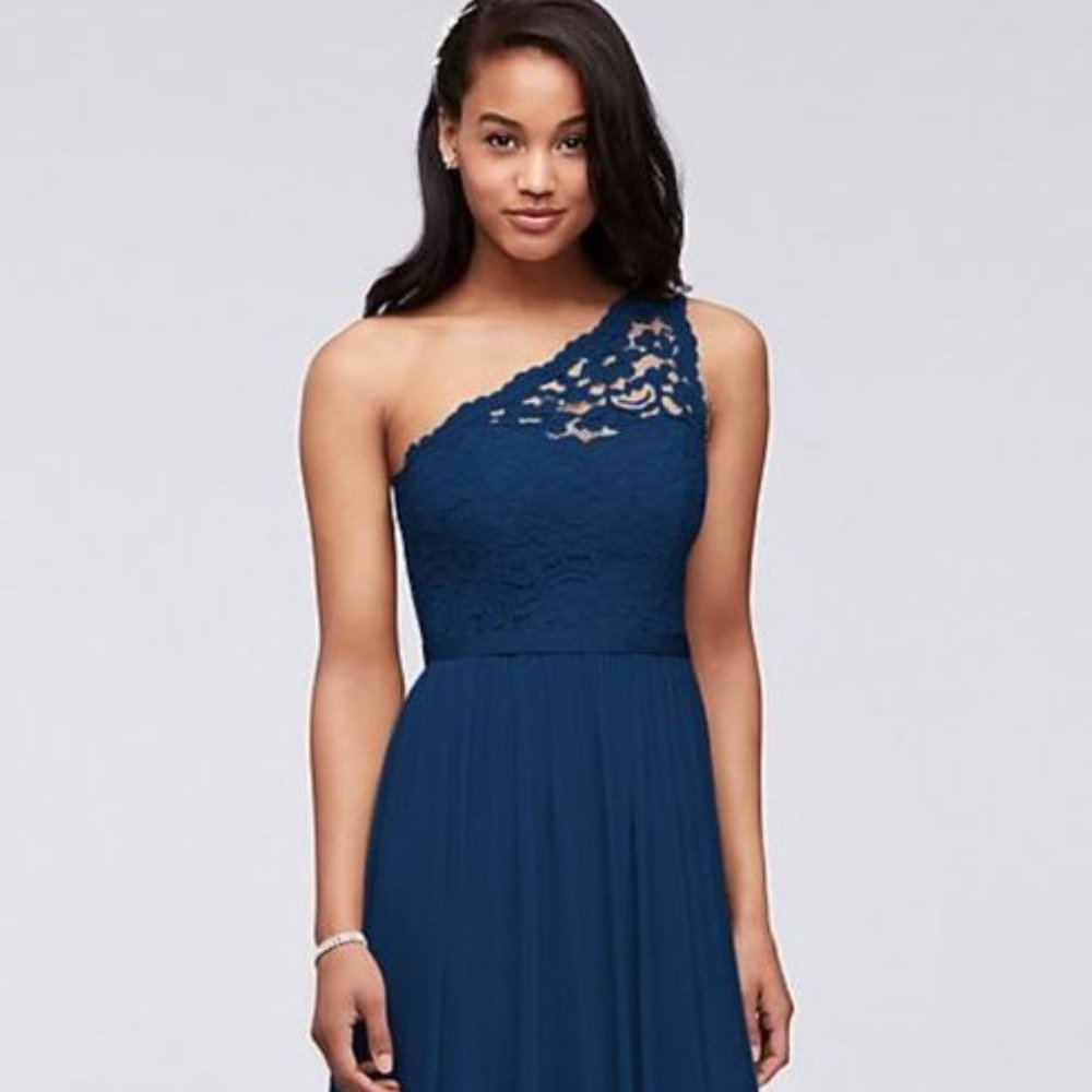 David's Bridal Long One Shoulder Lace Bridesmaid